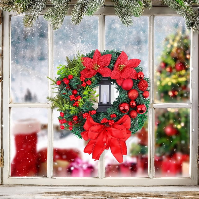 Corona navideña LED de 30 cm con luces a pilas | Decoración navideña roja y dorada para puertas, interior y exterior | Decoración festiva para el hogar
