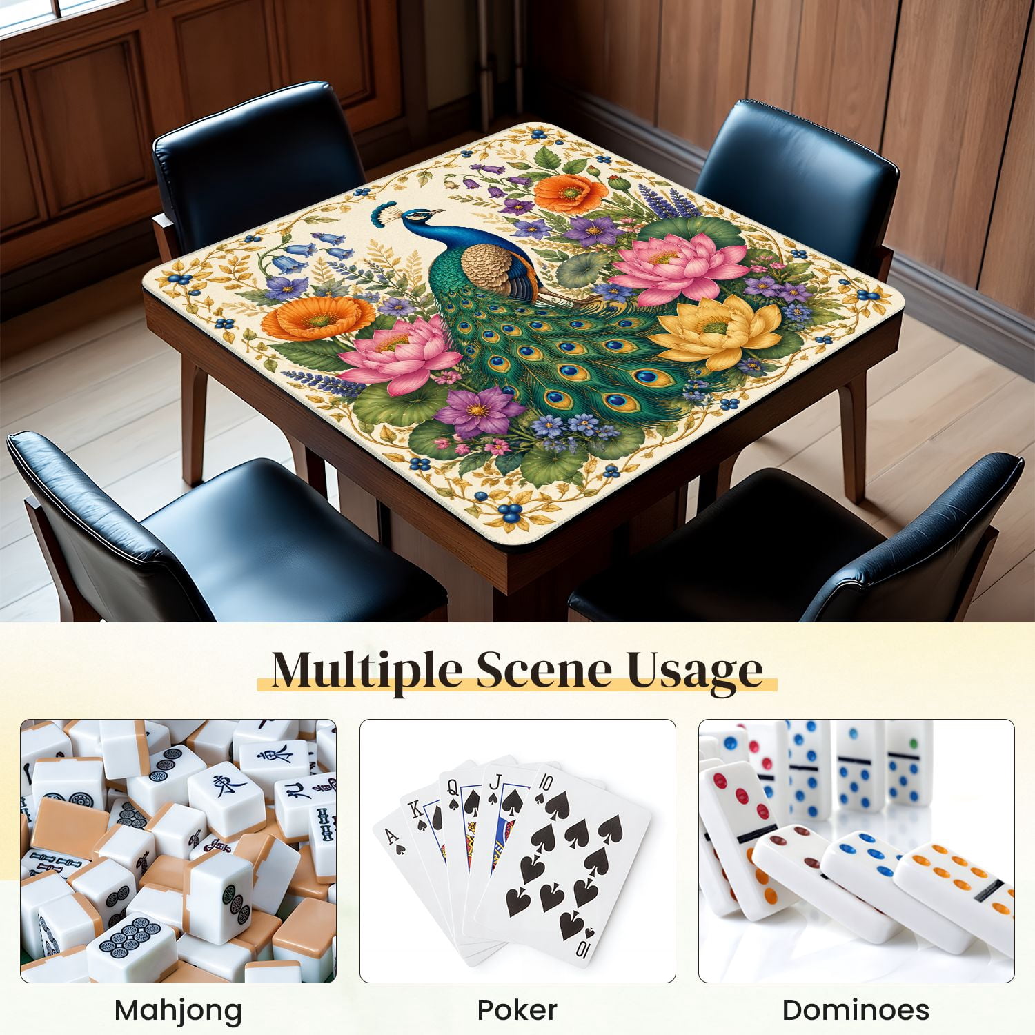 Mahjong Mat 31.5" x 31.5" Colorful Peacock Vibrant Flowers Detailed Botanical Non-Slip Noise Reduction Mahjong Tiles Table Cover for Dominoes Poker Card Board and Tile Games