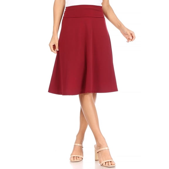 Women's Casual Solid High Waisted Knee Length Flare A-line Skirt with Elastic Waistband