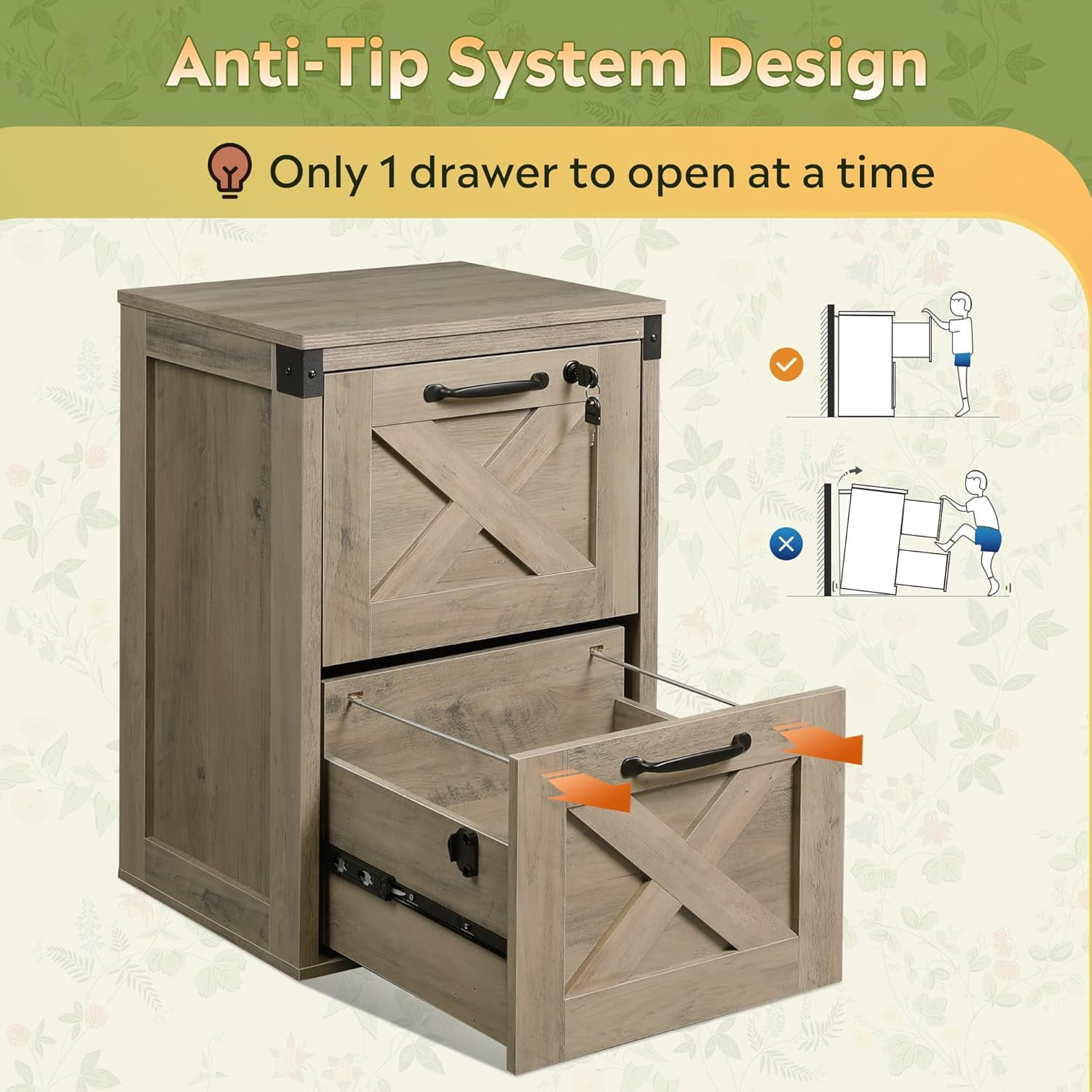 2 Drawer File Cabinet with Lock, Wood Farmhouse Filing Cabinet for Home Office, Printer Stand Fits Letter and A4 Size, Gray Oak