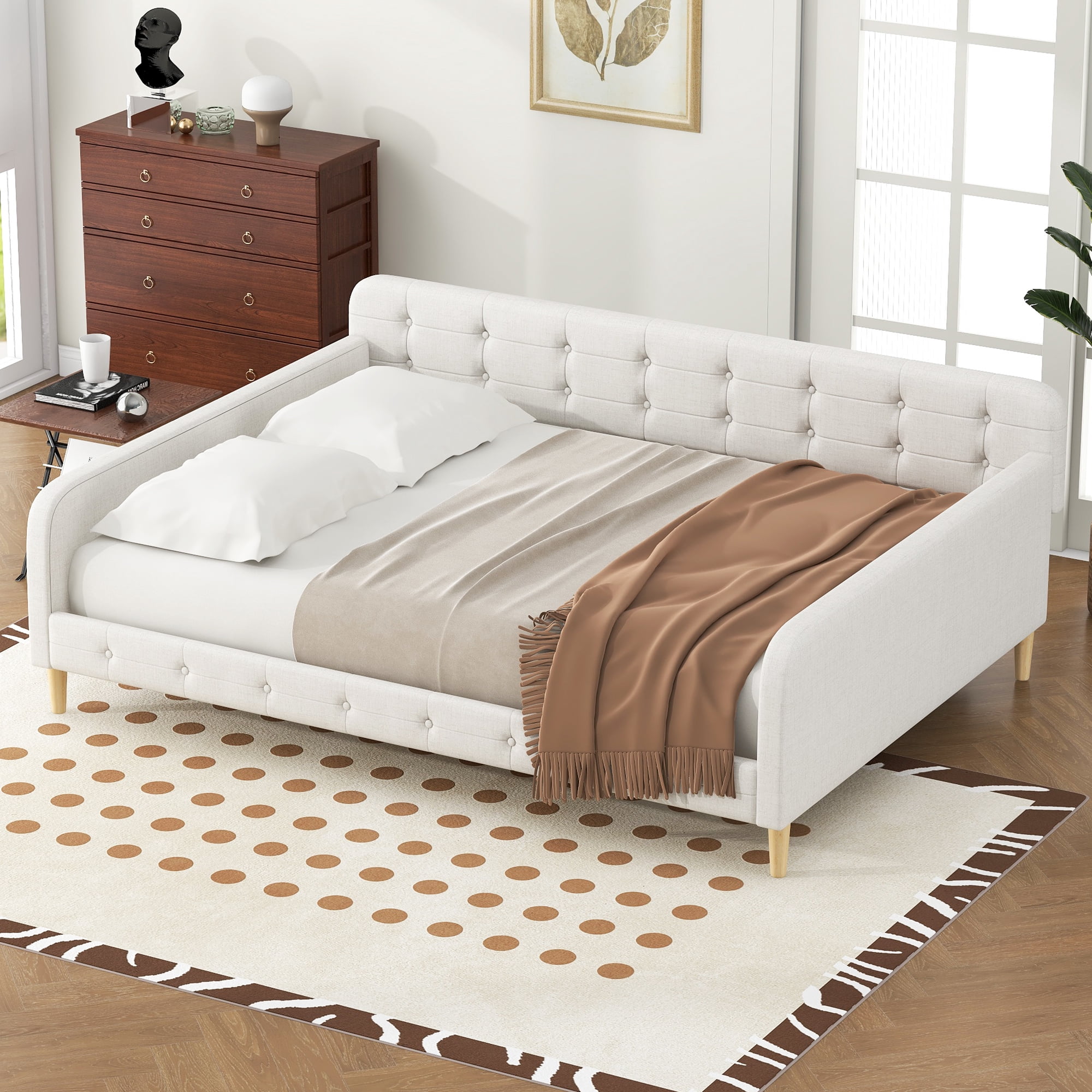 Euroco Upholstered Queen Size Daybed, Linen Sofa Bed, White