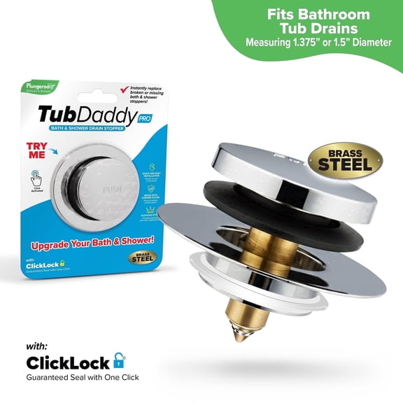 Tub Daddy Pro 2-in-1 Bathtub Drain Stopper and Hair Catcher | ClickLock Push-Button Seal | Replaces Lift-Turn Tip-Toe Trip-Lever | Chrome and Nickel Finish | Universal Fit