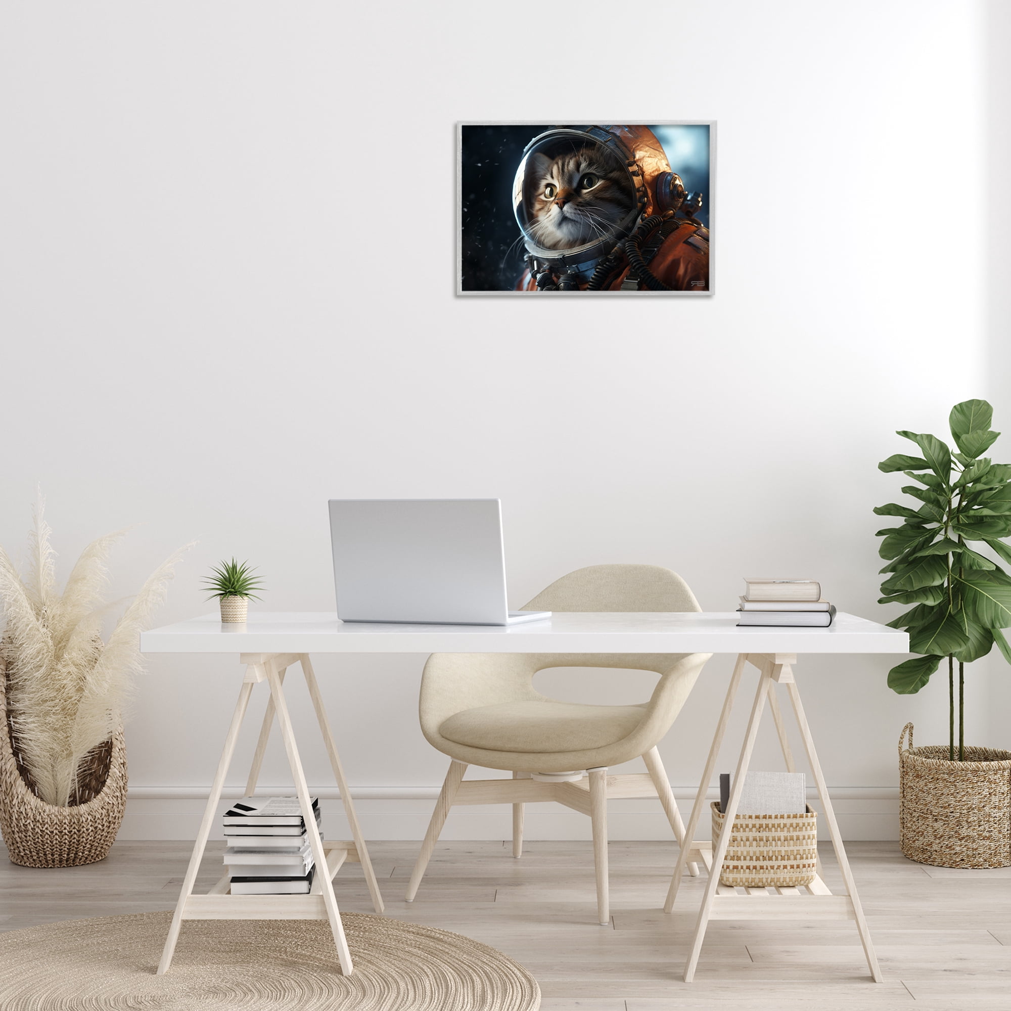 Stupell Industries Astronaut Cat in Space Animals & Insects Painting Gray Framed Art Print Wall Art, 24 x 16