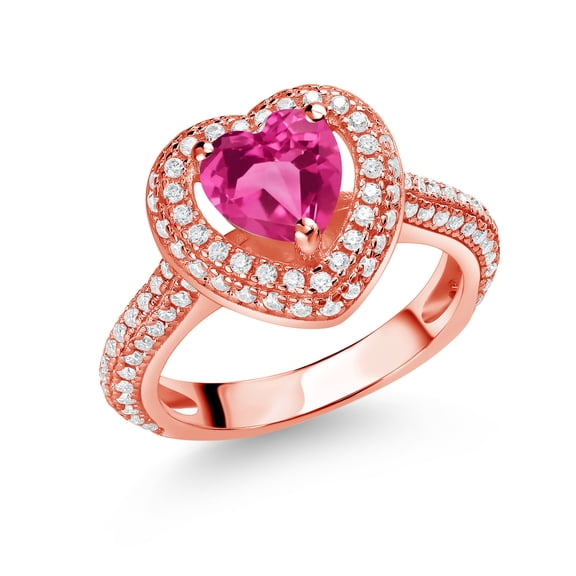 Gem Stone King 18K Rose Gold Plated Silver Pink Created Sapphire and White Moissanite Heart Shape Ring for Women (1.42 Cttw, Size 9)
