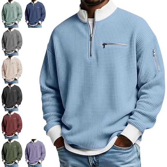 2026 Men's Casual Fashion Up Collar Contrasting Zipper Sweatshirt, Loose Fit Waffle Pullover, Lightweight Long Sleeve