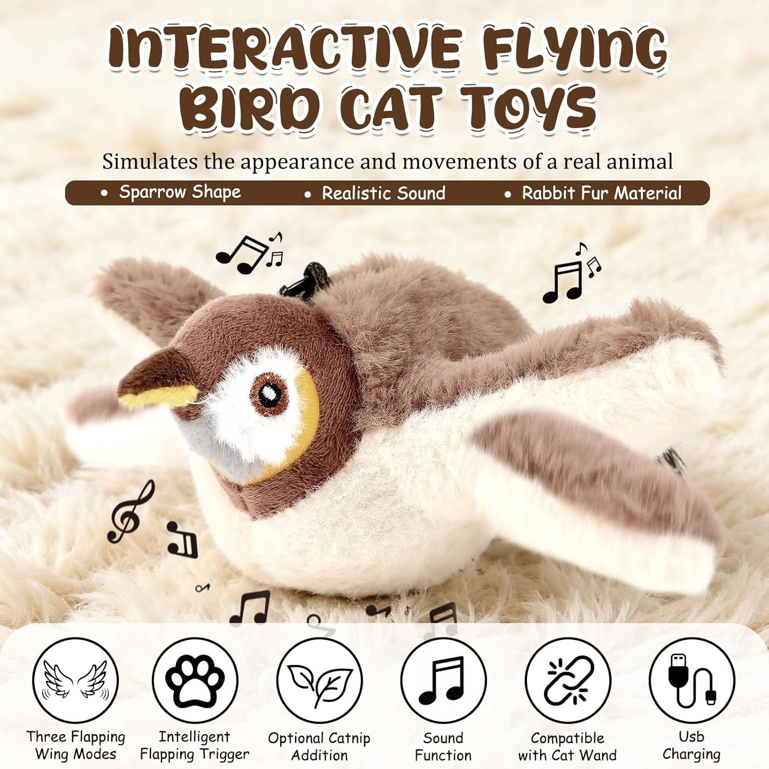 CLIQKWEN Interactive Chirping Flying Bird Cat Toys for Indoor Cats - Electric Sparrow Toy with Flapping Wings, Realistic Plush Pet Toy for Boredom Relief, Pajarito Volador Para Gatos