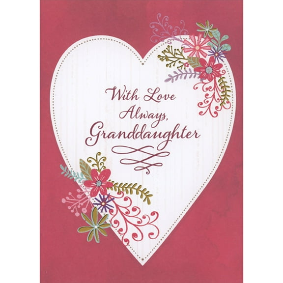 Designer Greetings Large White Heart on Red Background with Red, Pink and Blue Flowers at Top and Bottom Valentine's Day Card for Granddaughter