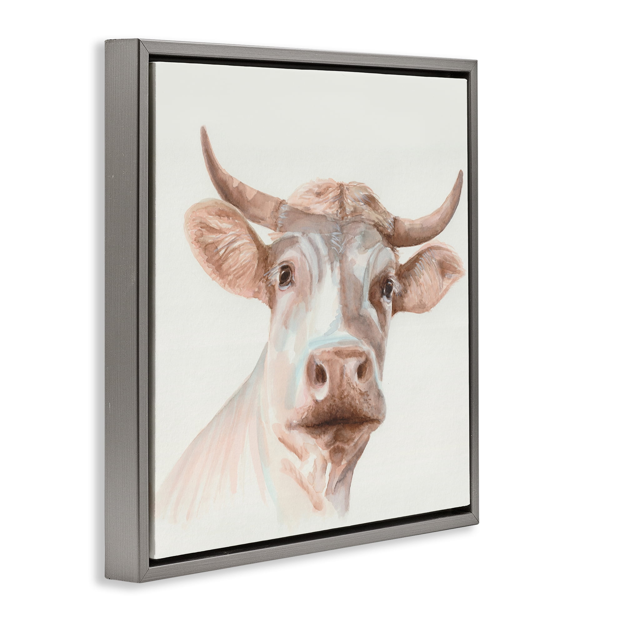 Stupell Industries Cream Beige Cow Animals Painting Gray Floater Framed Canvas Art Print Wall Art, 18 x 18