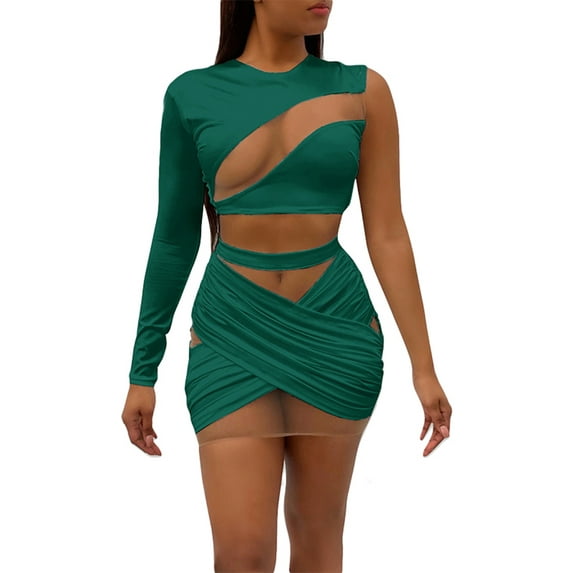 Yuemengxuan Women Summer Outfit, Mesh Splicing One-Shoulder Long Sleeves Crop Tops + Slim Skirt