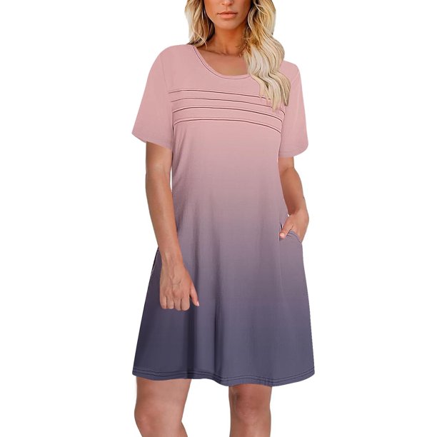 Vestido de Verano de Manga Corta Estampado Gradiente Cuello Redondo Vestido Plisado Delantero con Bolsillo, Poliéster