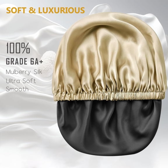 FGERFE-Silk Bonnet,Double Layer-Hair Bonnet for Sleeping,Silk Sleep Cap for Women & Men,Satin Sleep Cap for Curly-Braids Hair Champagne