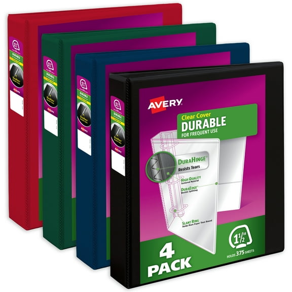 Avery Durable View 3 Ring Binders, 1.5 inch Slant Rings, 375-Sheet Capacity, DuraHinge, 2.1 inch Wide Spine, Customizable Clear Covers and Spine, Assorted Dark Colors (4-Pack of 05622)