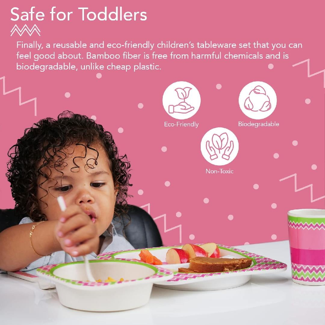 Bamboo Kids Plate and Bowl Set Matching Dishes for Toddlers Ages 1