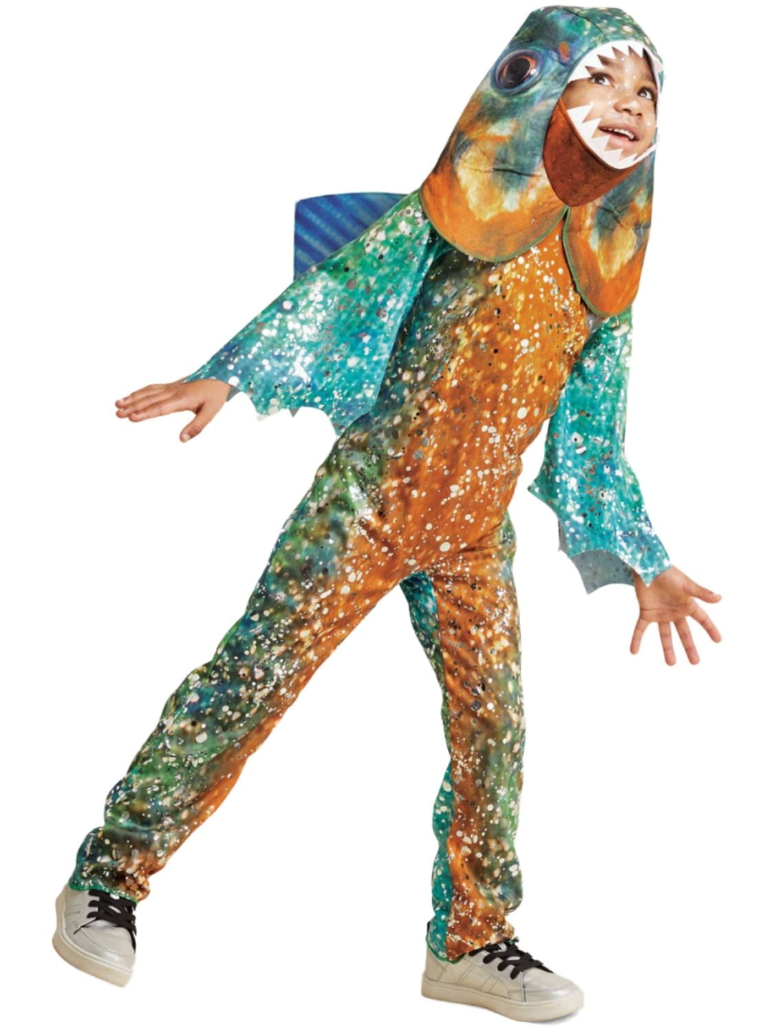 Boys Brown & Green Shimmer Piranha Fish Jumpsuit & Hood Costume