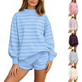 thumbnail image 3 of VOUZZA Womens Mock Neck Sweatshirt Striped 2 Piece Matching Set Long Sleeve Drop Shoulder Top And Shorts Ribbed Trim Relaxed Lounge Outfit, 3 of 6