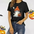 thumbnail image 5 of Womens Shirts Tops Round Neck Ghost Pumpkin Letter Graphic Print Short Sleeve Ladies Casual Blouse,Black,L, 5 of 7