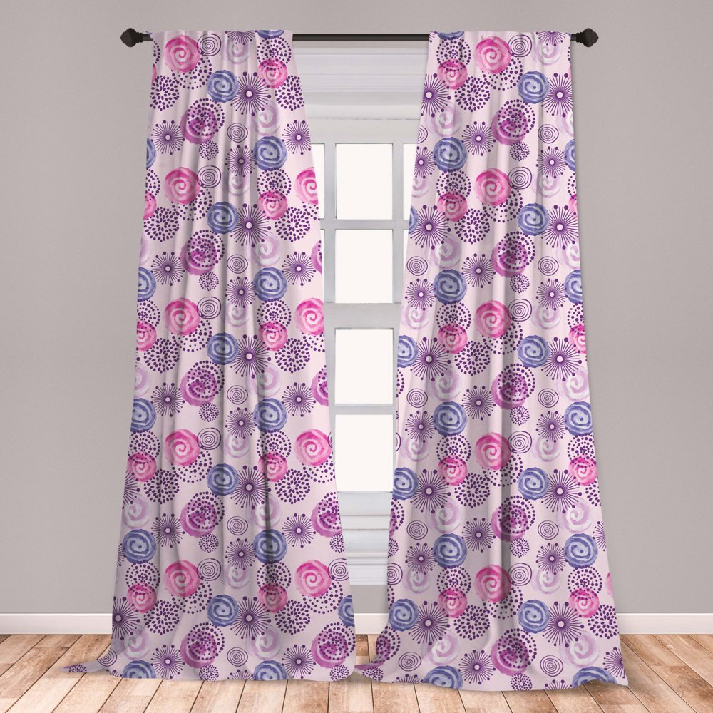 Purple Curtains 2 Panels Set, Watercolor Style Floral Fireworks