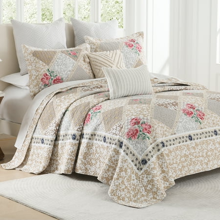 DDUOXIN 128x120 Bedspreads for King Size Bed - 100% Cotton Brown Beige Red Floral Patchwork Plaid Reversible California King Size Bedspread, Lightweight Cal Oversized King Quilts Bedding Set, 3 Piece