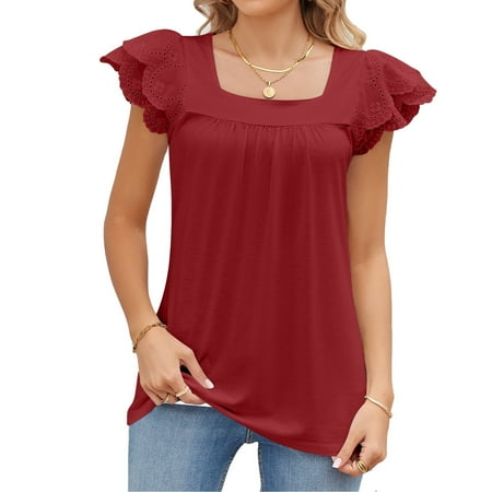 Womens Summer Tops Square Neck Lace Short Sleeve Babydoll Shirts Dressy Casual Pleated Flowy Blouses-S