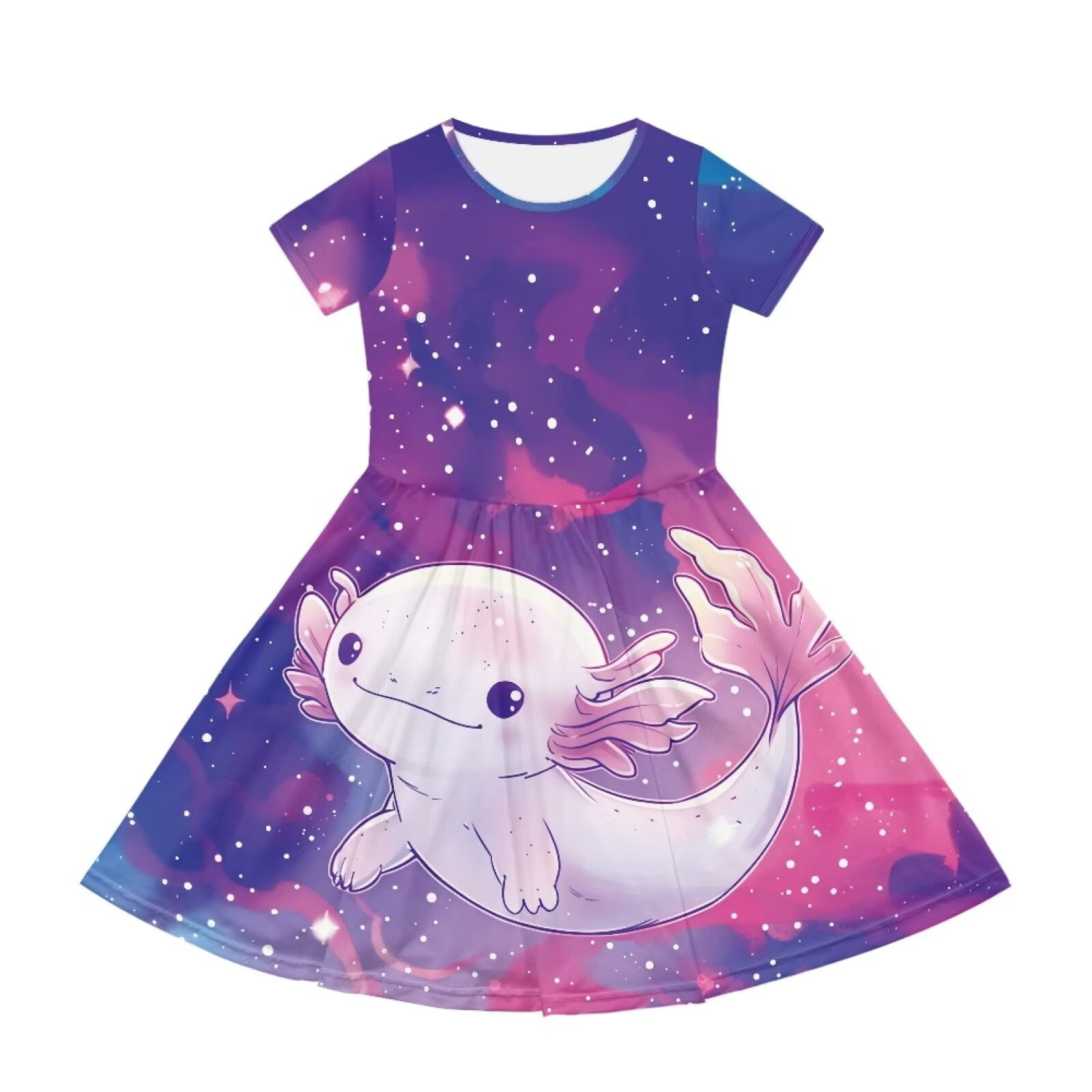 Uourmeti Axolotl Cute Swing Dress Summer Short Sleeve Dresses Casual Soft Crew Neck Knee Length A-Line Dress with Pockets for Girls 2-14 Years Old