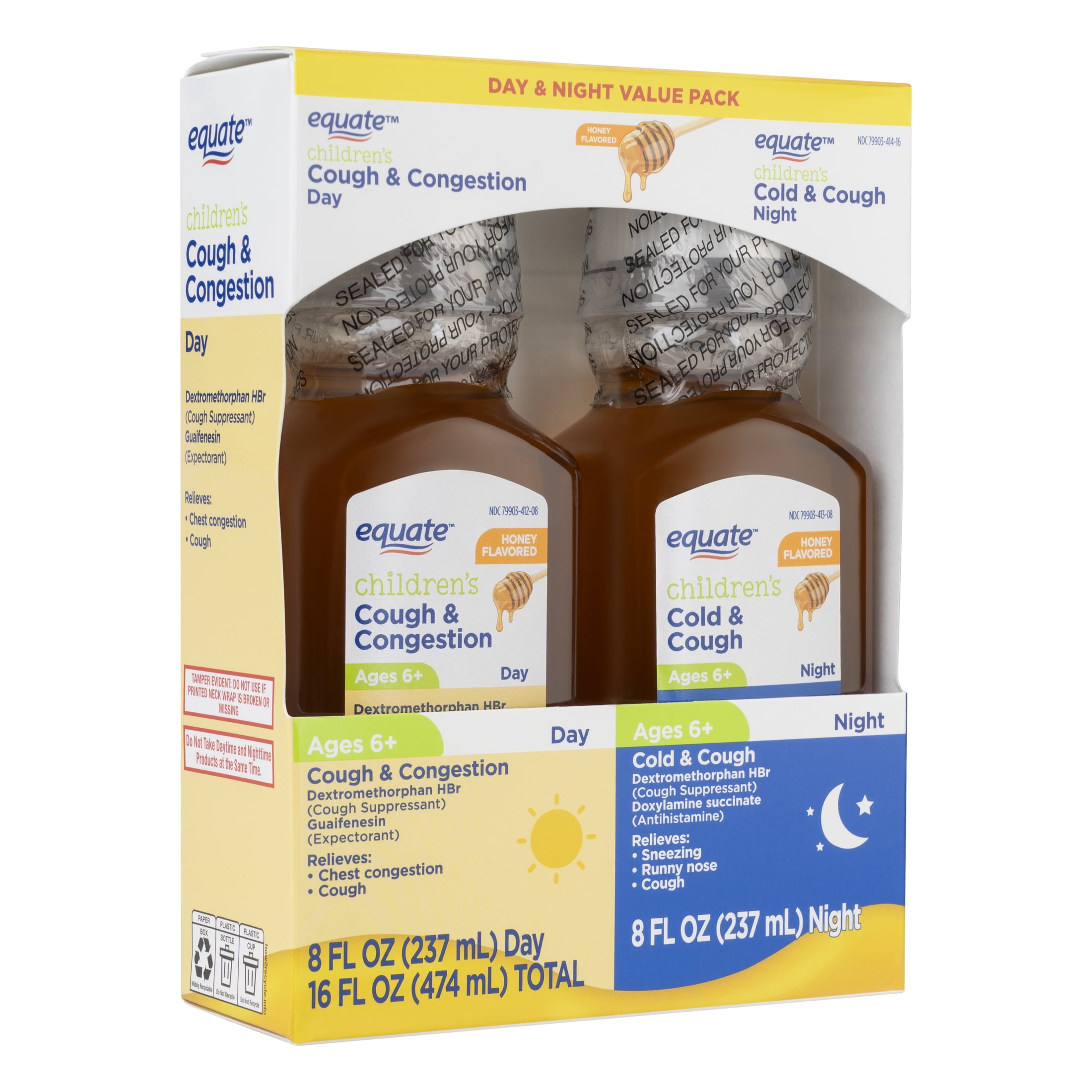 Equate Children's Daytime and Nighttime Cold, Cough, and Congestion Honey Flavored Liquid Value Pack, 16 fl oz, 2 Pack
