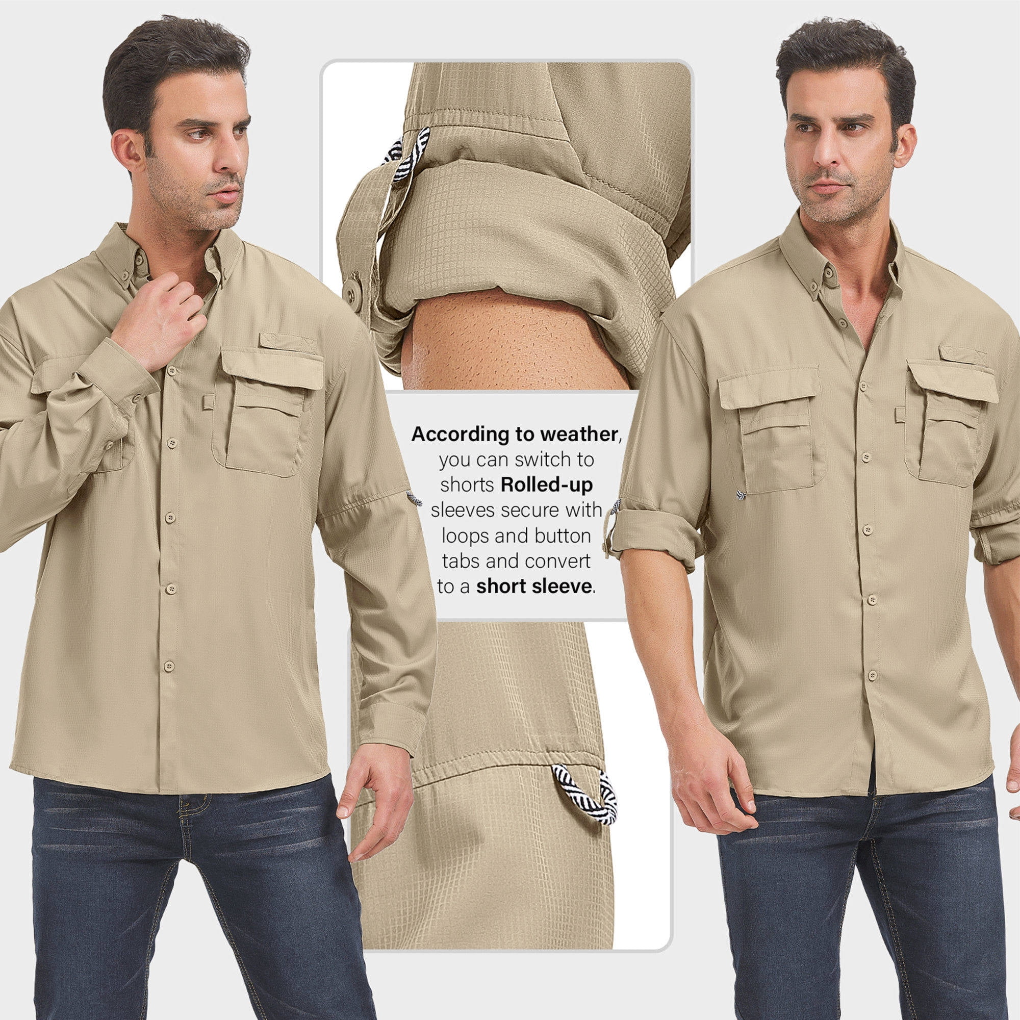 POENTAB Long Sleeve Fishing Shirts for Men Quick Dry Hiking Work Shirt Sun Protection UV UPF 50 Button Down Tops With Mesh Line Outdoor Safari