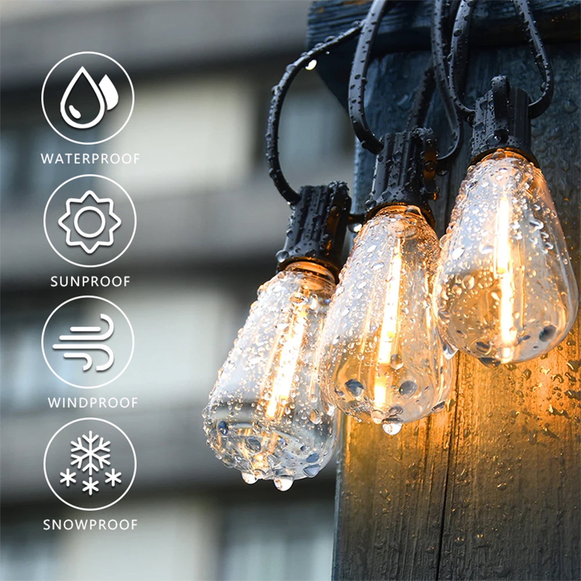Luziki Lighting 106 Ft Outdoor LED String Lights with 54 ST38 Vintage Edison Bulbs (2700K Warm White) - Waterproof, Connectable, for Patio, Garden, Pergola, Bistro, Café & Backyard - Black Wire