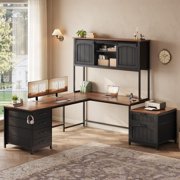 Farmhouse L Shaped Computer Desk with 6 Drawers and Hutch, Reversible Home Office Desk, Corner Office Desk