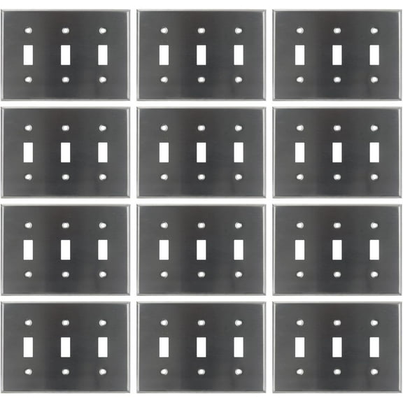 Diodesy- Pack of 12 E103S Triple Gang Toggle Switch Wall Plate, Steel Color, Electrical Light Switch Cover, Decorative Gloss Finish, Smooth Surface, Round Edges, UL Listed