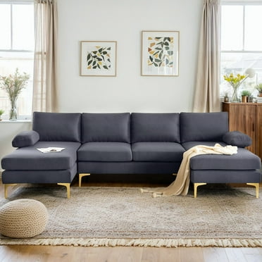 Aukfa U-Shaped Sectional Sofa for Living Room, 4 Seat Sofa Couch with Double Chaise, Flannel, Dark Gray