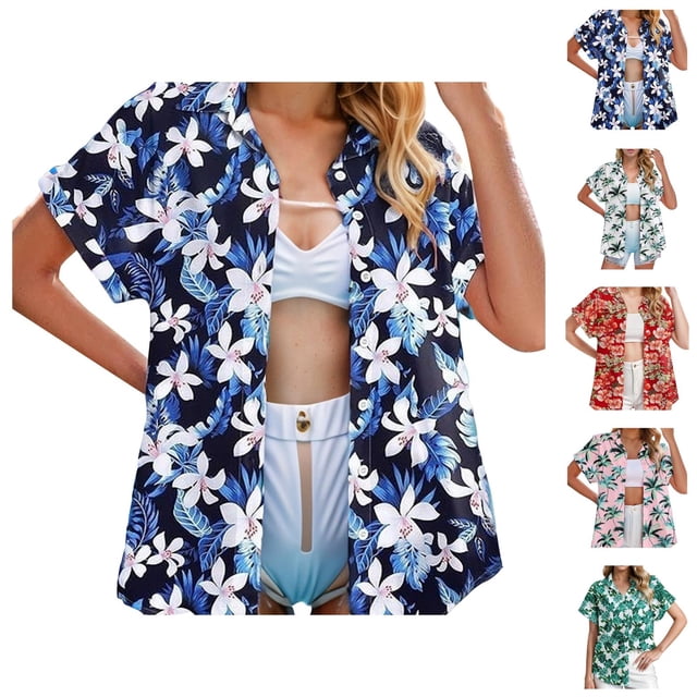 Beach Womens T Shirts 2026 Summer Fashionable Short Sleeve Button Down Lapel Collared Tropical Shirt Vacation Tees