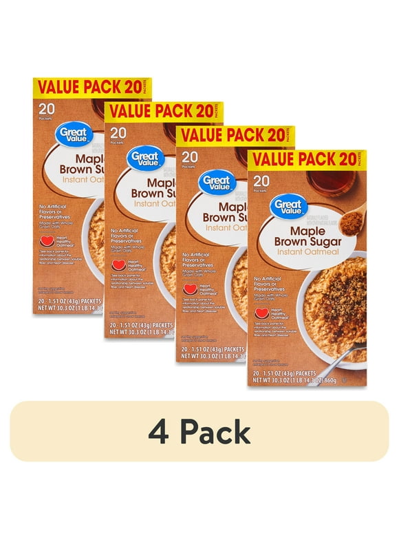 (4 pack) Great Value Maple & Brown Sugar Instant Oatmeal, 1.51 oz, 20 Packets