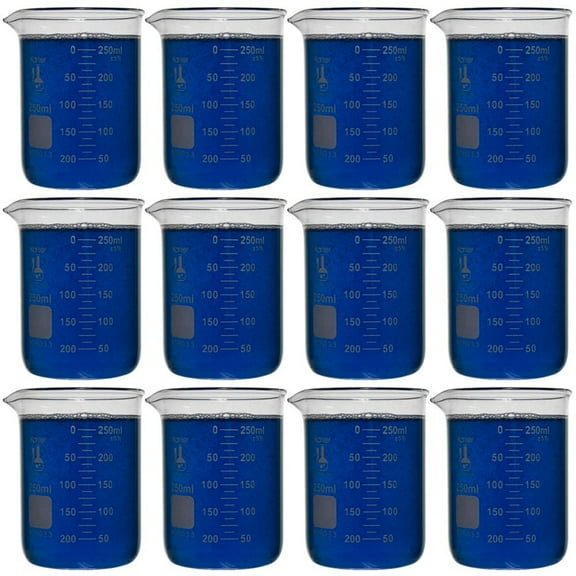 250ml Beaker, Low Form Griffin, Borosilicate 3.3 Glass, Double-Scale Graduations, Karter Scientific 247I3 (Pack 12)