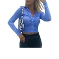 thumbnail image 2 of Diconna Women Blouse Solid Color Turn-down Collar Long Sleeve Crop Tops, 2 of 6