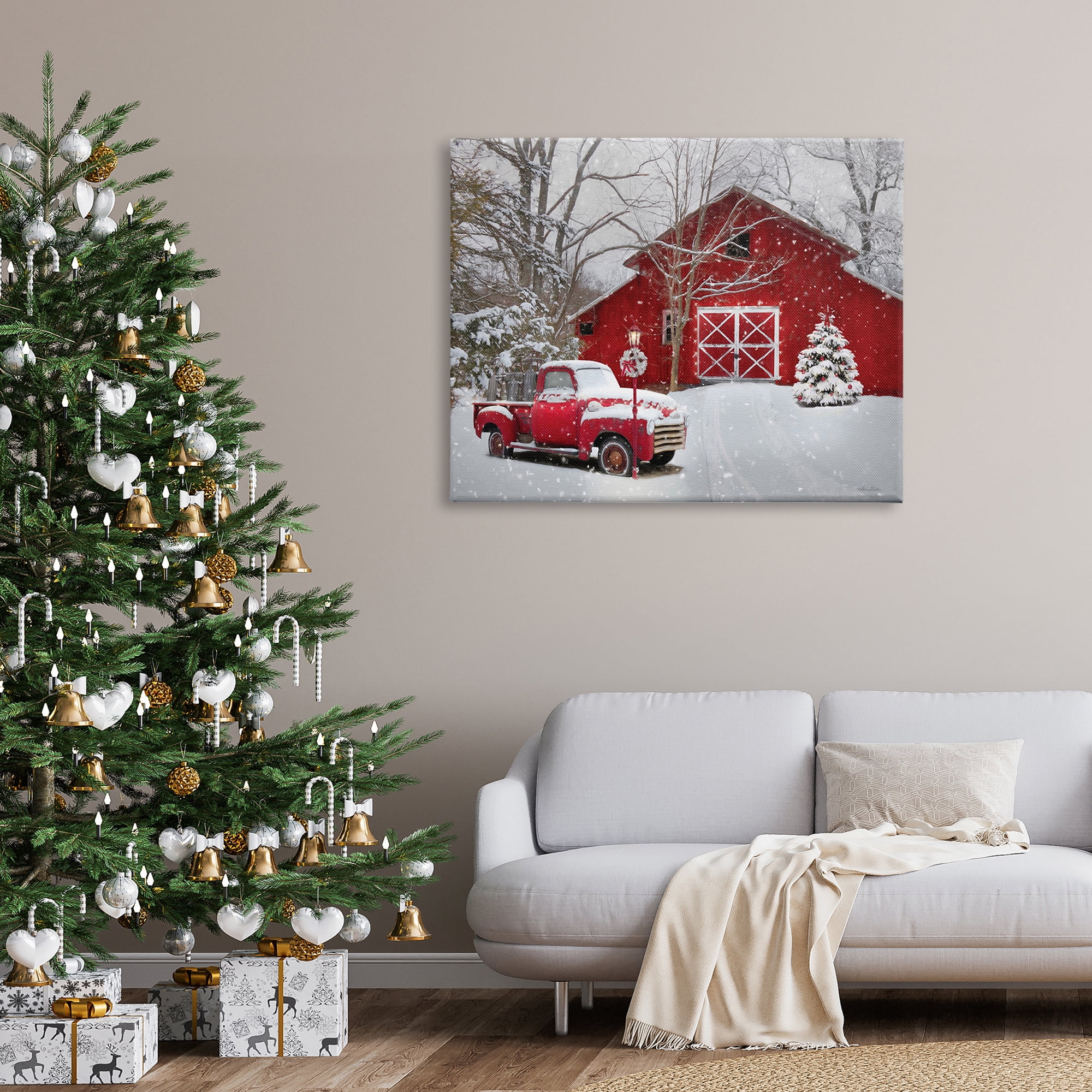 Red Barn & Truck Powdery Snow Rural Scenery Transportation Painting Gallery-Wrapped Canvas Print Wall Art