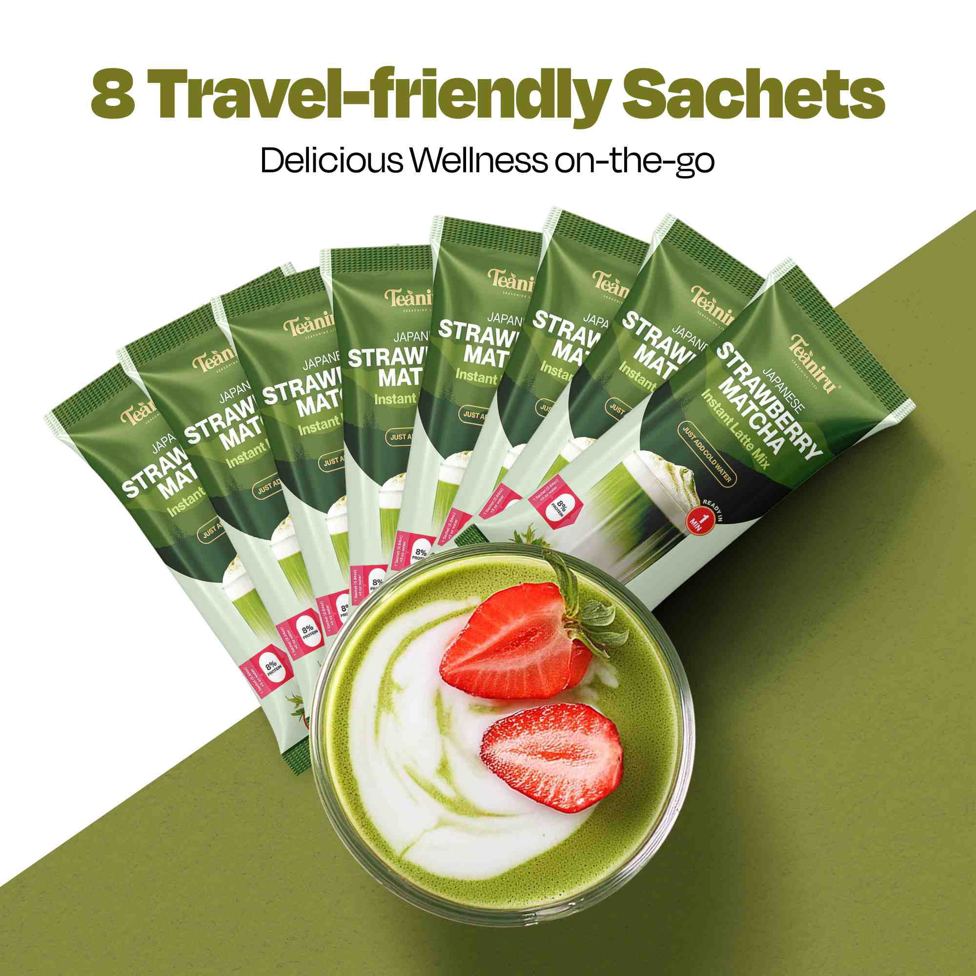 Teaniru, Japanese Strawberry Matcha - Instant Latte in Sachets | Protein - Powered Delight | Japanese Matcha & Strawberry for Energy & Focus | Rich in Vitamin C, Antioxidants & L-Theanine | 8 Sachets