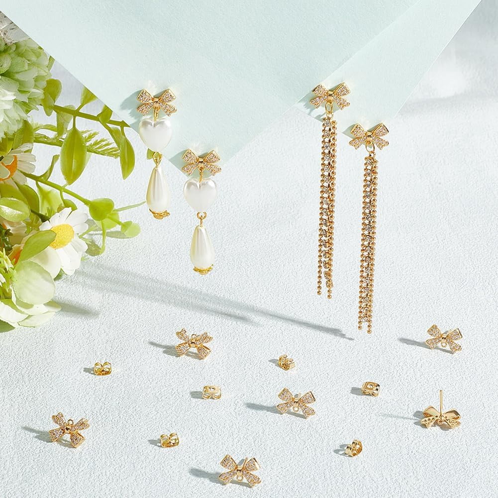 5Pairs Brass Clear Cubic Zirconia Stud Earring Findings with Loop Bowknot 10Pcs Brass Friction Ear Nuts Real 18K Gold Plated 9.5x13mm Hole: 0.9mm Pin: 11x0.7mm