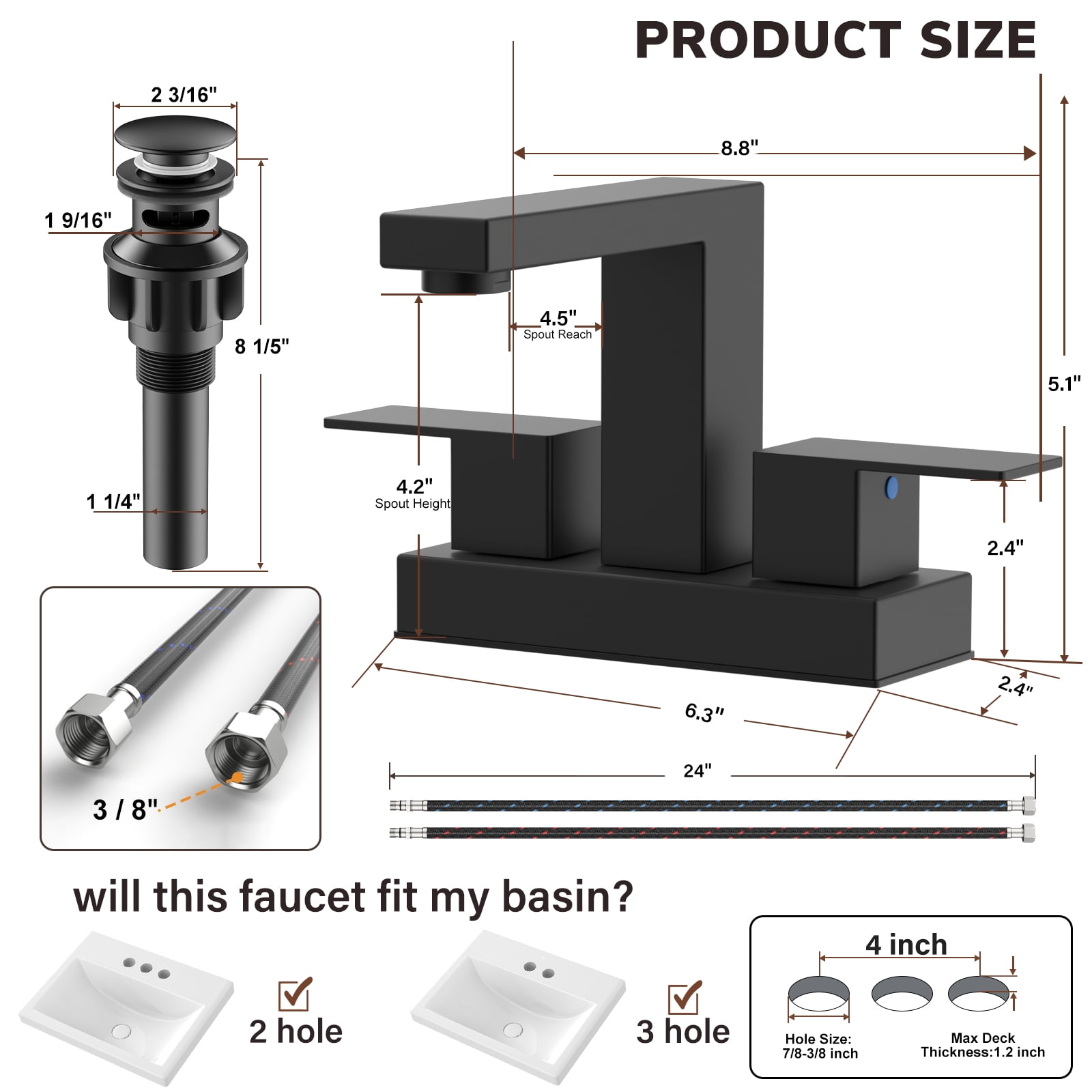 KINGTACK Bathroom Faucets, 4 Inch Matte Black Bathroom Faucets for Sink 3 Hole, 2 Handle Bathroom Sink Faucets with Pop-up Drain and Supply Lines