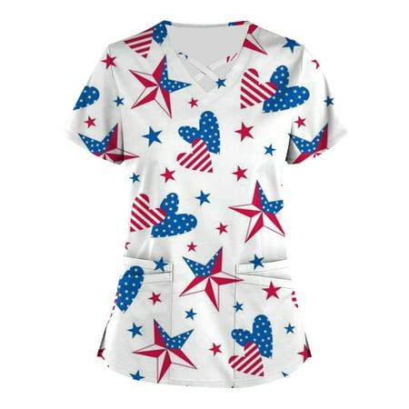 

Apepal Plus Size Printed Scrub Working Uniform Scrub Tops for Women Cross V-Neck Short Sleeve Fun T-shirt Tee with Pockets