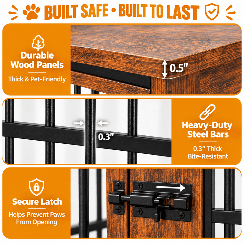46" Large Dog Crate Furniture, Double Door Wooden Dog Kennel with Removable Curtain, Lockable Caster Wheels, Indoor Pet Cage End Table for Extra Large Dogs