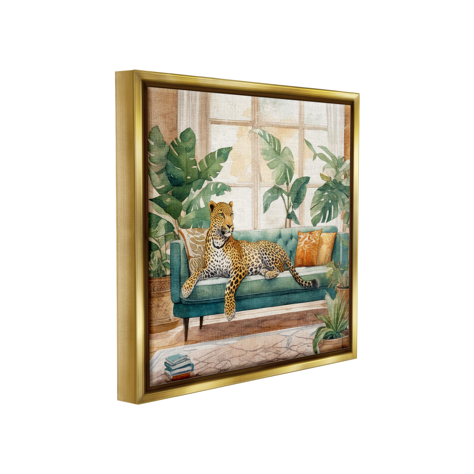 Stupell Industries Leopard & House Plants Animals & Insects Painting Gold Floater Framed Canvas Art Print Wall Art, 25 x 25