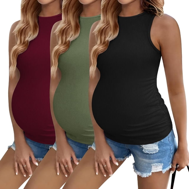 Camisetas sin mangas para maternidad Ekouaer, paquete de 3, con pliegues laterales, verano, L