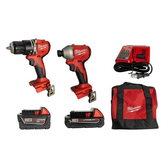 Milwaukee 3693-22CX M18 Compact Brushless 2-Tool Combo Kit – 1/2" Hammer Drill & 1/4" Impact Driver with (2) Batteries, Charger & Bag - Ideal for Drilling, Fastening, and Wordworking Applications