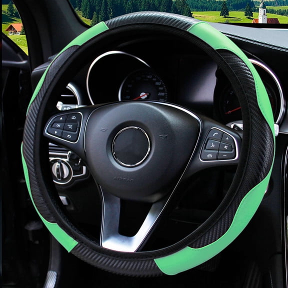 Car Steering Wheel Cover, 15 inch Carbon Fiber Microfiber PU Leather Elastic Steering Wheel Protector for Men Women, Anti-Slip Breathable Car Interior Accessories for Most Cars (Green)