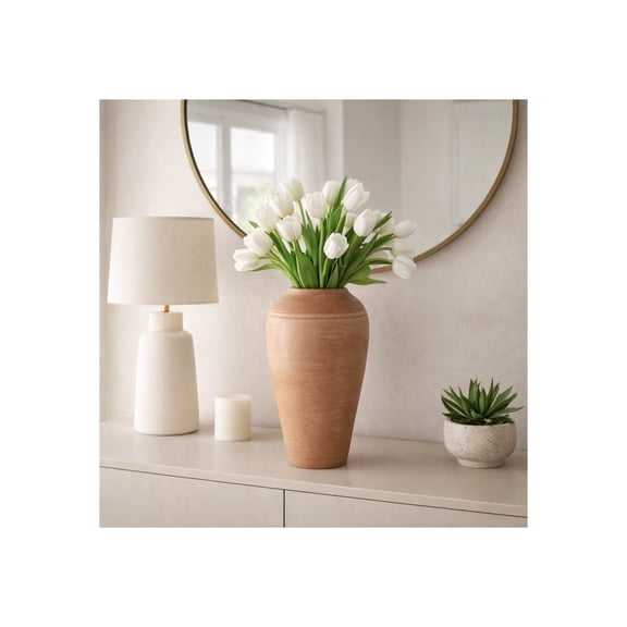 Tall Ribbed Vase for Home Decor - Terracotta Floor Flower Vase for Living Room, Bedroom or Office Display - Textured Accent Display for Entryway, Mantel, and Hallway Corner Styling - 16", Brown