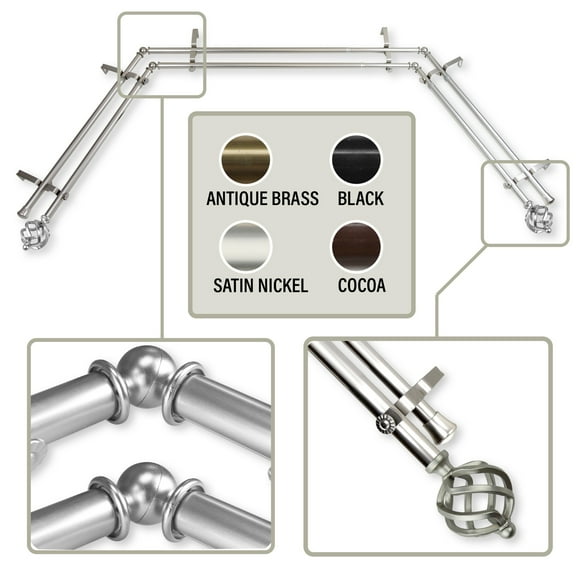 Roman 13/16 inch Bay Window Double Curtain Rod 20"-36", 38"-72" - Satin Nickel