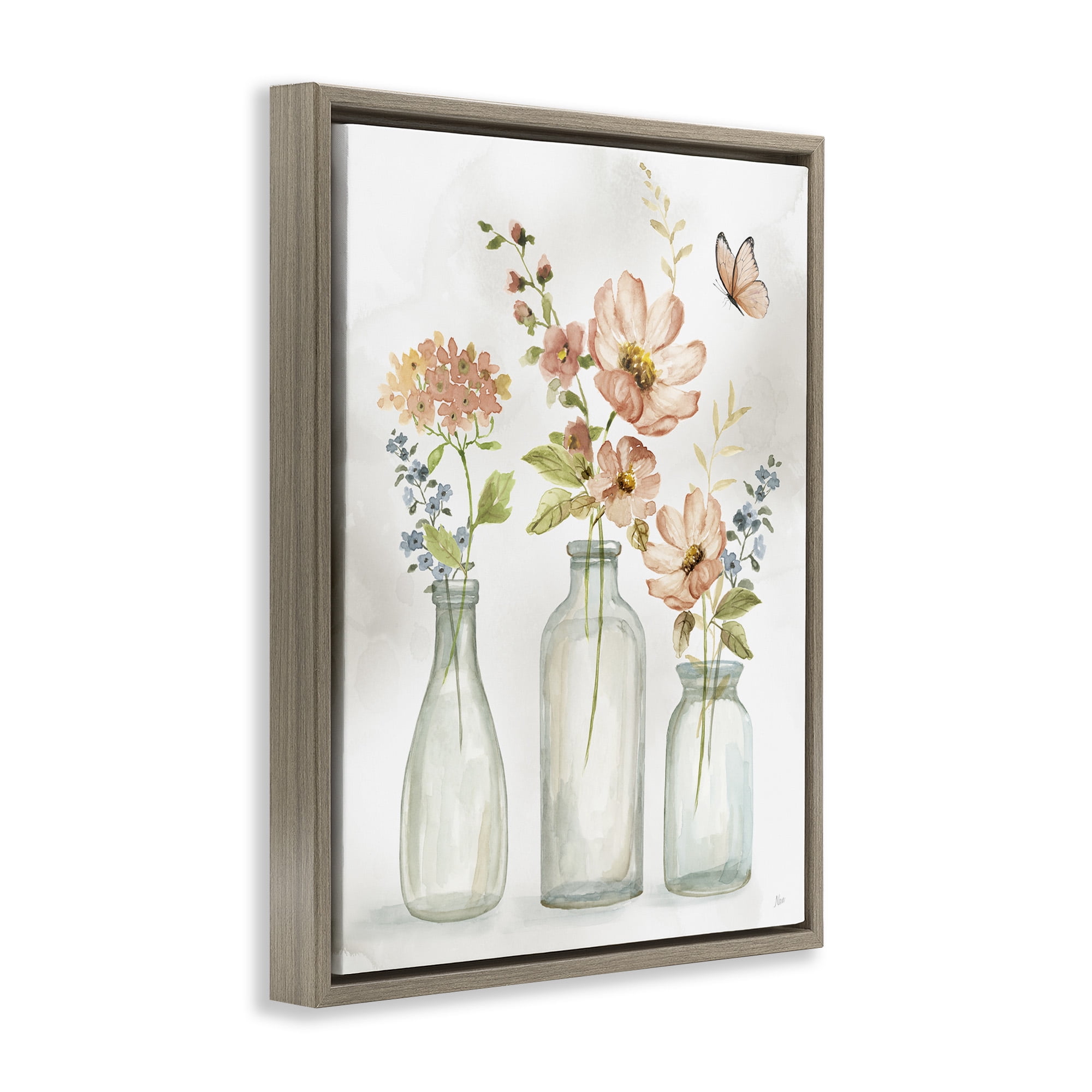 Stupell Industries Butterfly & Pink Florals Botanical & Floral Painting Brown Floater Framed Canvas Art Print Wall Art, 17 x 21