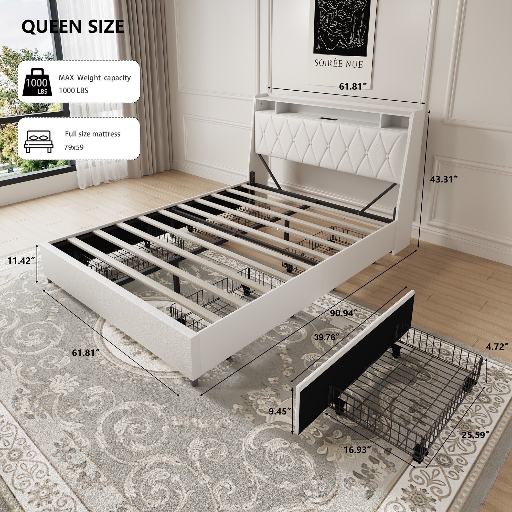 Bellemave PU Leather Upholstered Bed Frame Queen Size with 4 Storage Drawers Noise-reduced Queen Size Bed Frame with Bookcase Headboard and Charging Station (Queen, White)
