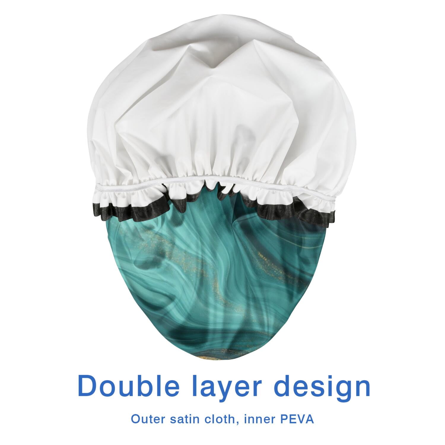 Shower Caps,Teal and Gold Marble Glitter Waves Pattern Waterproof Shower Cap for Women 4 Pieces,Double Reusable Hair Cover for Shower PEVA Elastic Stretch Hem