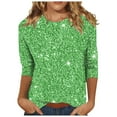 thumbnail image 3 of Eryao Sequin Bling Print Shirts for Women Spring Summer 3/4 Length Sleeve Crewneck Tops Party Solid Glitter T Shirt Blouse 2025,Green,XXL, 3 of 6